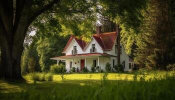 une luxueux chalet avec vert pelouse et bleu clôture en plein air généré par ai photo