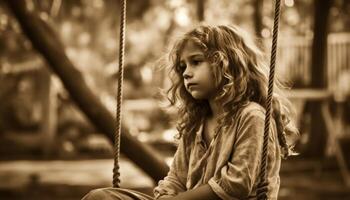 mignonne fille balançant sur corde, profiter insouciant enfance en plein air généré par ai photo