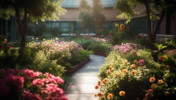 une coloré fleur tête fleurs dans une paysager formel jardin généré par ai photo