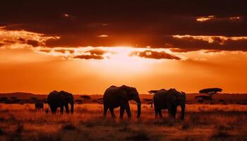 une petit groupe de éléphants pâturage sur le plaine à crépuscule généré par ai photo