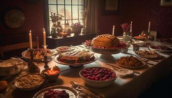 une rustique encore la vie fait maison pain, Viande, et canneberge indulgence généré par ai photo