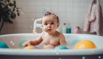 mignonne bébé fille souriant tandis que profiter une pétillant une baignoire temps généré par ai photo