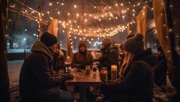 une groupe de de bonne humeur gens profiter hiver festivités en plein air ensemble généré par ai photo