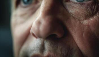 Sénior homme douleur et tristesse montré par sélectif concentrer portrait généré par ai photo