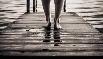 une Jeune femme tonique jambe des stands sur une en bois planche généré par ai photo