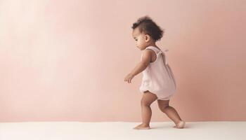 mignonne bébé fille en jouant avec jouet, souriant et pieds nus à l'intérieur généré par ai photo