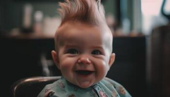 une beau, espiègle bébé garçon avec blond cheveux souriant joyeusement généré par ai photo