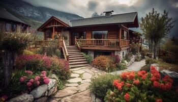 rustique Journal cabine niché dans idyllique Montagne paysage, parfait vacances place généré par ai photo