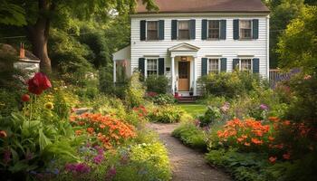 le vieux chalet dans le Prairie se vante une coloré jardin généré par ai photo