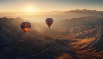 en volant haute dans chaud air ballon, aventure dans Montagne paysage généré par ai photo