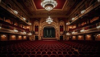 le élégant salle velours chaises étaient illuminé pour le performance généré par ai photo