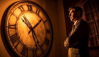 réussi homme d'affaire attendre pour minuit date limite, vérification antique l'horloge généré par ai photo