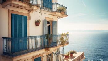 le vieux façonné balcon surplombe le méditerranéen littoral à crépuscule généré par ai photo