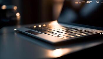 moderne Bureau la communication dactylographie e mails sur rétro-éclairé ordinateur clavier généré par ai photo