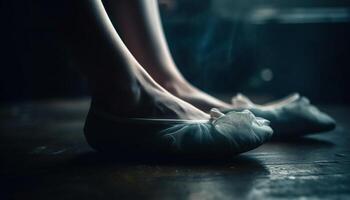 ballet Danseur pieds nus élégance sur bois sol dans studio coup généré par ai photo