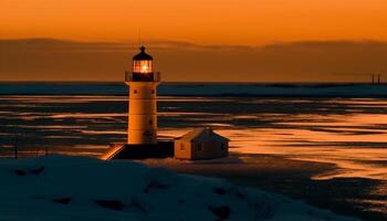 tranquille le coucher du soleil plus de hiver littoral, illuminé balise guides nautique navires généré par ai photo