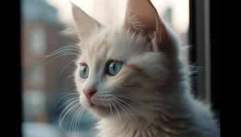 mignonne chaton regarder en dehors fenêtre, duveteux fourrure et curieuse moustaches généré par ai photo