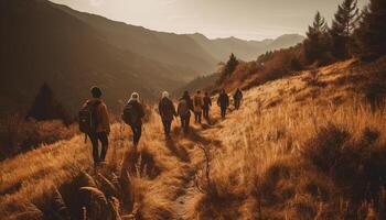 une groupe de touristes une randonnée par le Montagne de pointe ensemble généré par ai photo