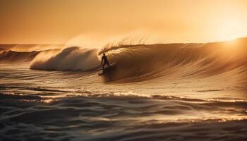 surfant à coucher de soleil, un homme barils par le vaporisateur généré par ai photo