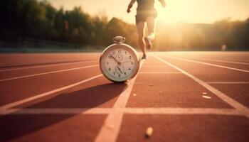 un Jeune femme finitions des sports course, battement le l'horloge généré par ai photo