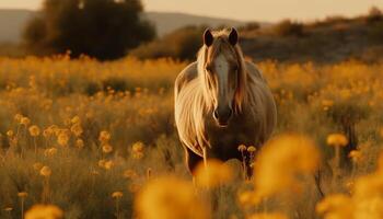 le majestueux étalon broute dans le tranquille Prairie à le coucher du soleil généré par ai photo