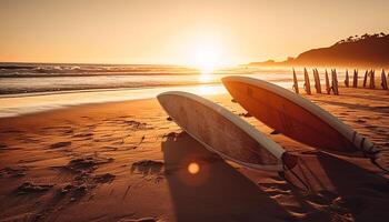 planche de surf sur d'or sable, vagues crash à coucher de soleil, pur beauté généré par ai photo