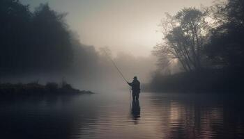 une seul pêcheur captures une poisson dans tranquille l'automne solitude généré par ai photo