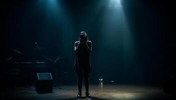 un musicien des stands dans projecteur, rétro-éclairé, en chantant Roche la musique généré par ai photo