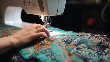 artisan qualifié mains créer complexe broderie sur soie vêtement généré par ai photo