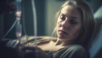 un Jeune femme, seul dans chambre à coucher, sentiment tristesse et la dépression généré par ai photo