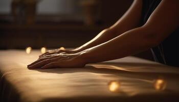 serein femme repos sur massage tableau, profiter se faire dorloter spa traitement généré par ai photo
