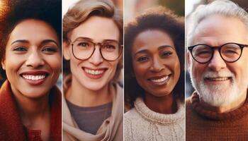 une multi ethnique groupe de de bonne humeur Jeune femmes souriant en plein air généré par ai photo