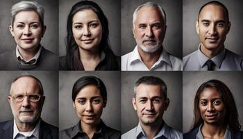 une collection de de bonne humeur les hommes d'affaires et femmes souriant à caméra généré par ai photo