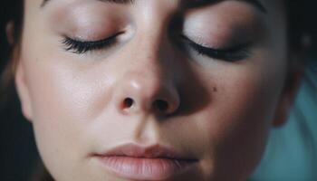 une serein Jeune femme fermé yeux transmettre pur relaxation en plein air généré par ai photo