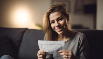 un Jeune femme, séance sur canapé, souriant tandis que en train de lire livre généré par ai photo