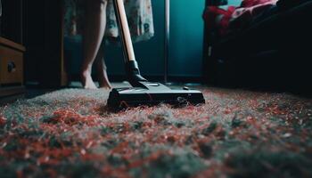 moderne femme nettoie sol avec vide nettoyeur dans vivant pièce généré par ai photo