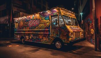 le double decker autobus vitesses par le illuminé ville des rues à crépuscule généré par ai photo