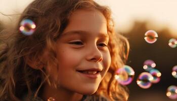 mignonne fille soufflant bulles, profiter insouciant enfance dans la nature beauté généré par ai photo