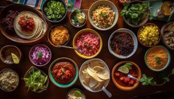 Frais guacamole tremper sur en bois plaque, une mexicain gourmet apéritif généré par ai photo