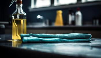 fraîchement nettoyé cuisine table avec humide serviette et verre bouteille généré par ai photo