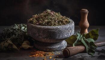 Frais biologique herbes et épices dans rustique en bois mortier bol généré par ai photo