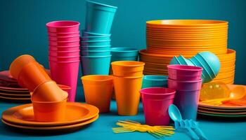 une vibrant collection de vaisselle arrangé dans une coloré tas généré par ai photo