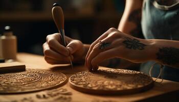 artisan dessins tatouage modèle en utilisant compétence et travail outils à l'intérieur généré par ai photo