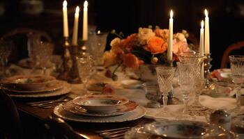 élégant mariage banquet avec fleuri argenterie, chandelle, et luxueux décor généré par ai photo