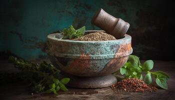 Frais herbes dans terre cuite pot ajouter biologique saveur à cuisine généré par ai photo