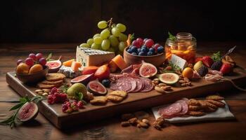 une rustique apéritif assiette avec prosciutto, Camembert, et les raisins généré par ai photo