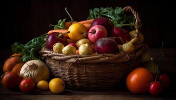 rustique ferme bol rempli avec juteux, mûr biologique des légumes généré par ai photo