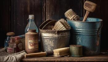 rustique en bois table avec vieux façonné équipement et biologique matériaux généré par ai photo