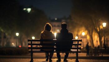 une romantique couple embrasse en dessous de le rue lumière à crépuscule généré par ai photo