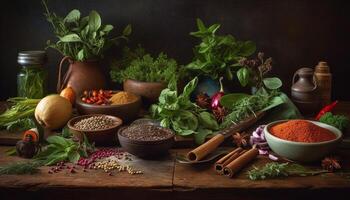 Frais herbes et épices ajouter en bonne santé saveur à rustique cuisine généré par ai photo